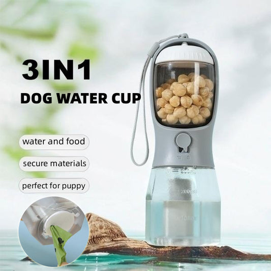 3-in-1 Portable Pet Water & Snack Bottle with Waste Bag Holder