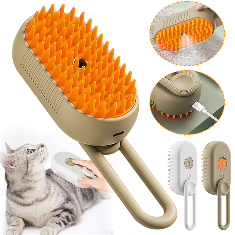 3-in-1 Electric Steam Pet Brush – Anti-Static, Detangling & Hair-Removal Grooming Comb